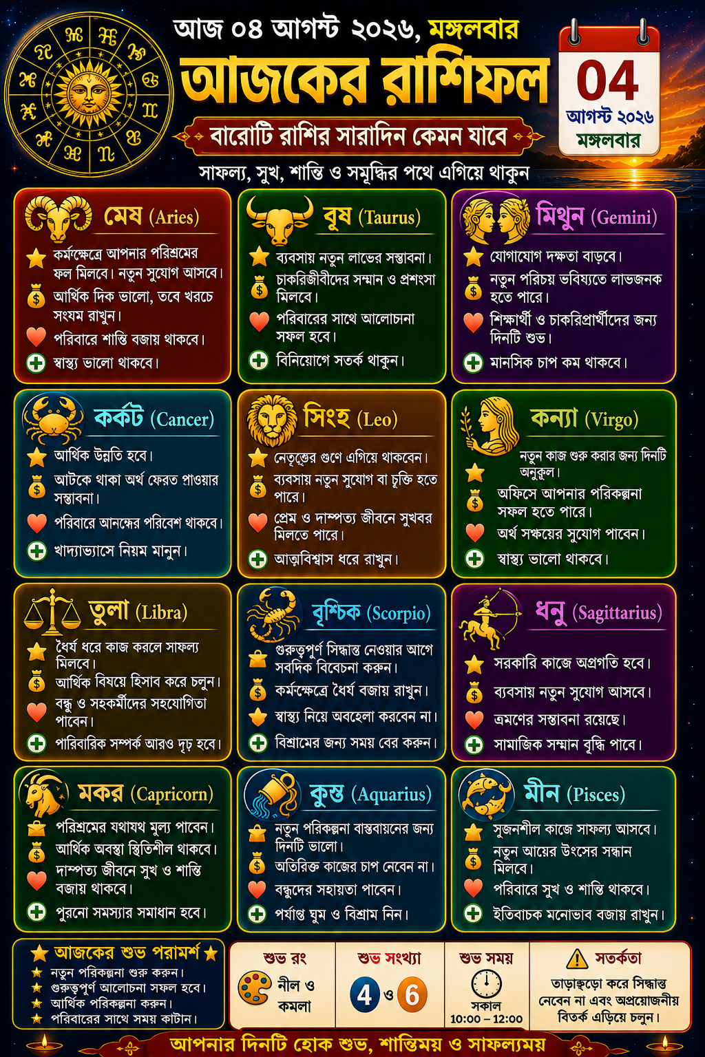 🌟 আজ ৪ আগস্ট ২০২৬, মঙ্গলবার – বারোটি রাশির সারাদিনের রাশিফল