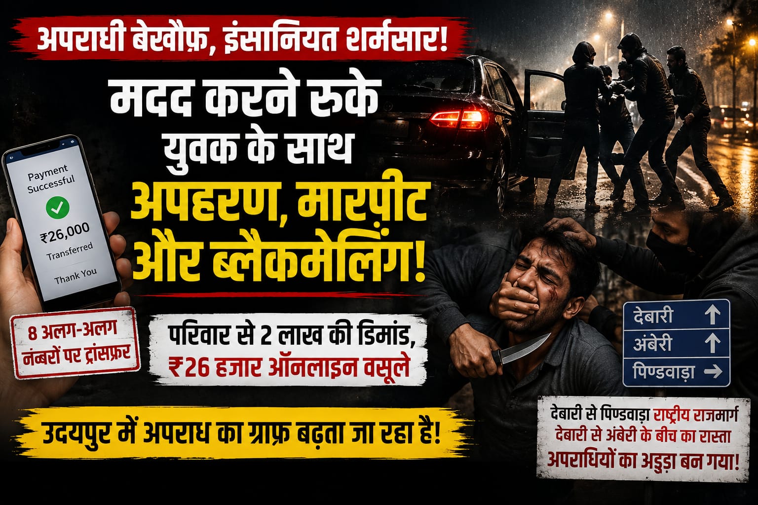 उदयपुर में इंसानियत को मिली सजा! मदद के लिए रुके युवक के साथ कथित अगवा , मारपीट और ऑनलाइन वसूली, पुलिस जांच में जुटी