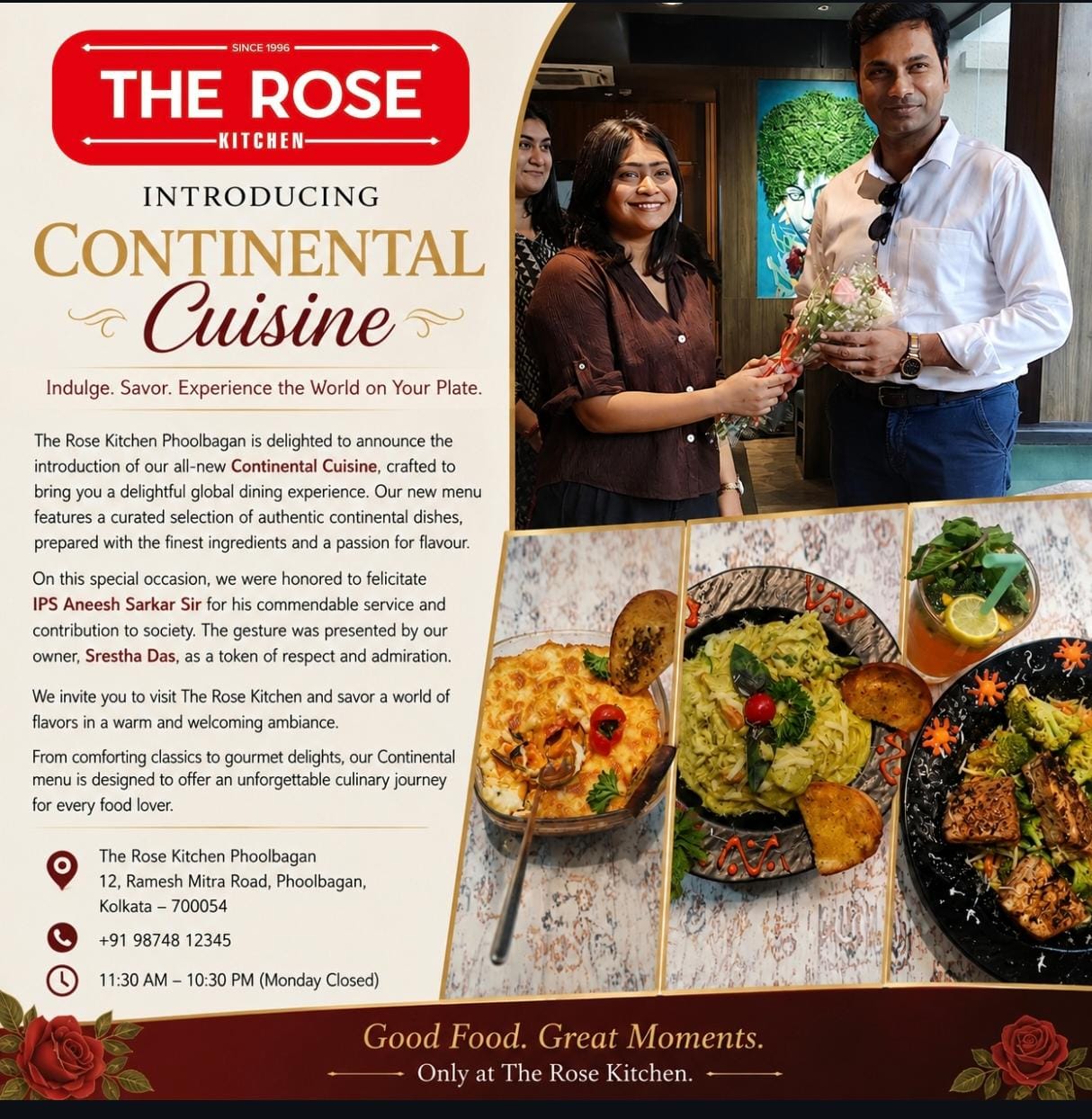 The Rose Kitchen Phoolbagan Introduces an Exquisite Continental Cuisine Menu and Felicitates IPS Aneesh Sarkar