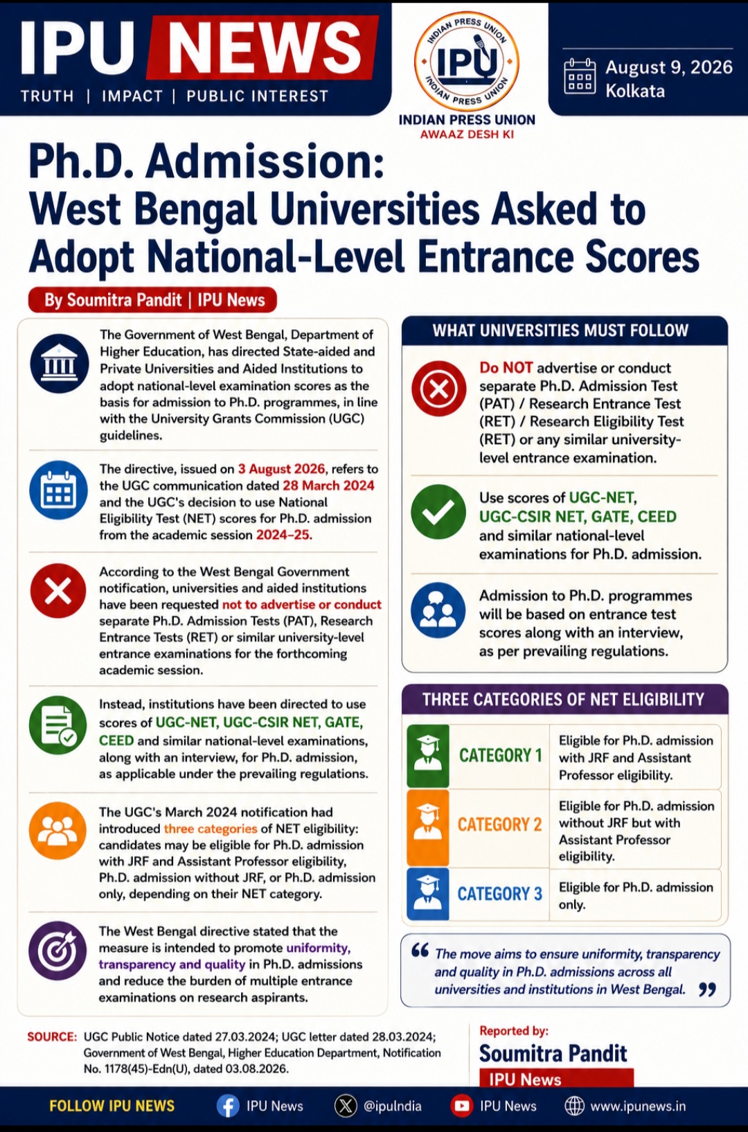 Ph.D. Admission: West Bengal Universities Asked to Adopt National-Level Entrance Scores