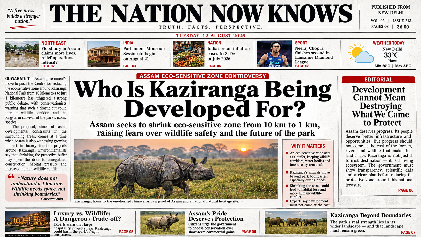 WHO IS KAZIRANGA BEING DEVELOPED FOR? Assam’s reported push to reduce Kaziranga’s eco-sensitive zone from 10 km to 1 km has sparked a fierce debate over development, tourism and wildlife protection.