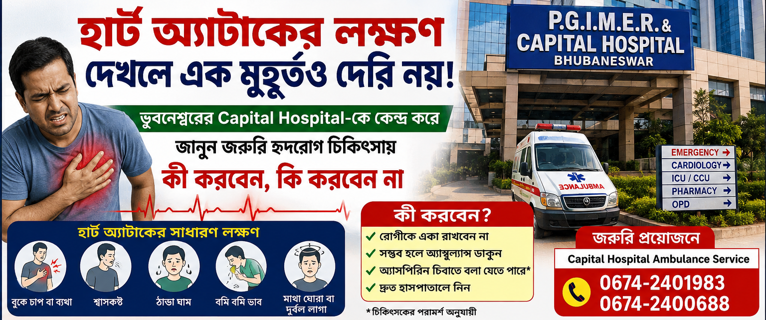 🚨 হার্ট অ্যাটাকের লক্ষণ দেখলে এক মুহূর্তও দেরি নয়! ভুবনেশ্বরের Capital Hospital-কে কেন্দ্র করে জানুন জরুরি হৃদ্‌রোগ চিকিৎসায় কী করবেন, কী করবেন না