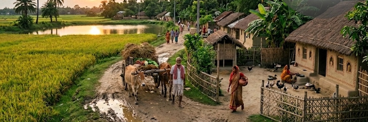 🌾 গ্রাম বাংলার গ্রাম: মাটির গন্ধে আজও বেঁচে আছে বাংলার শিকড় শহরের ব্যস্ততার বাইরে অন্য এক ভারত—কৃষি, পুকুর, কাঁচা রাস্তা আর মানুষের আন্তরিকতায় আজও জীবন্ত গ্রামবাংলা