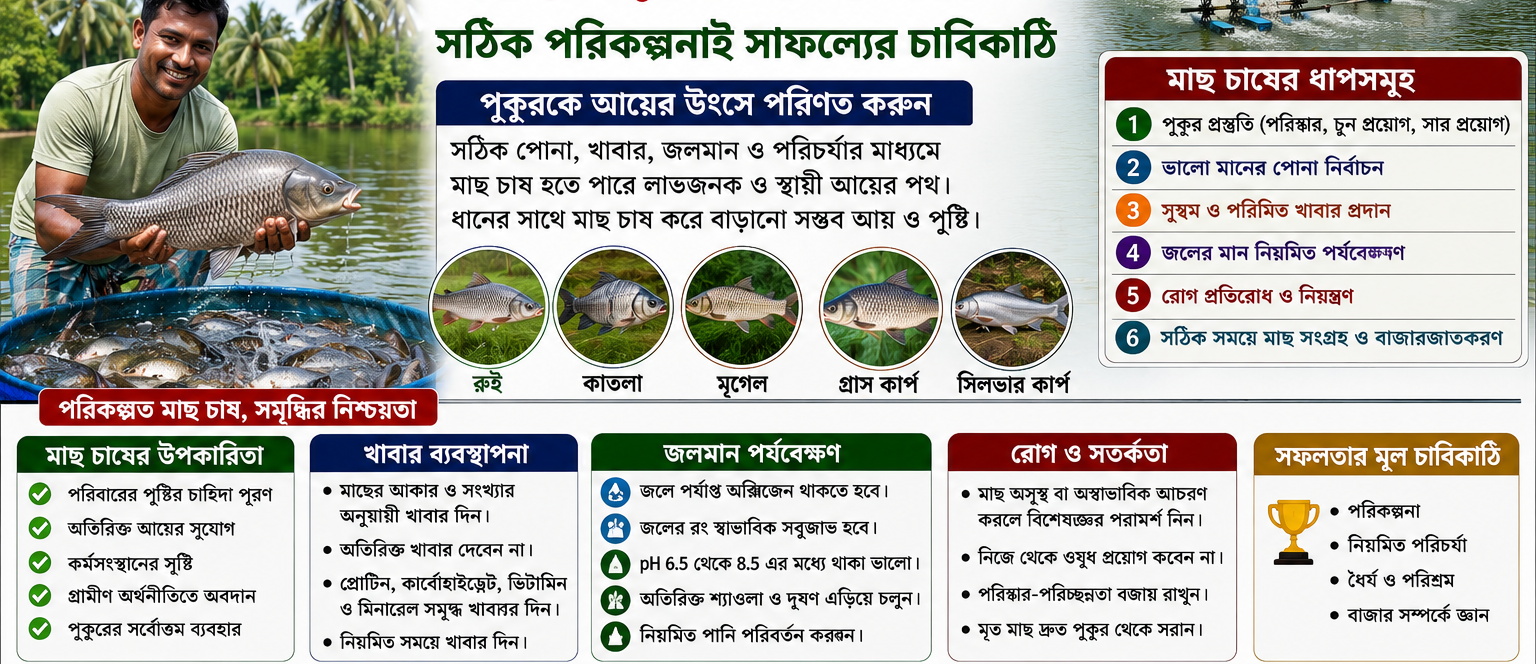 🐟   পুকুরে মাছ চাষে বদলাতে পারে গ্রামের অর্থনীতি: সঠিক পোনা, খাবার, জলমান ও রোগ নিয়ন্ত্রণে বাড়তে পারে উৎপাদন ও কৃষকের আয়