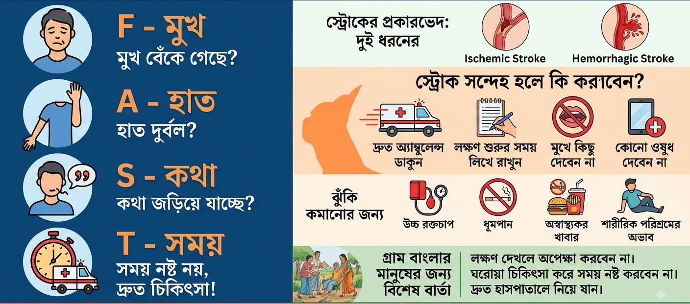 🏥   স্ট্রোক: সামান্য দেরিও হতে পারে বড় বিপদ—মুখ বেঁকে যাওয়া বা কথা জড়িয়ে গেলেই অপেক্ষা নয়