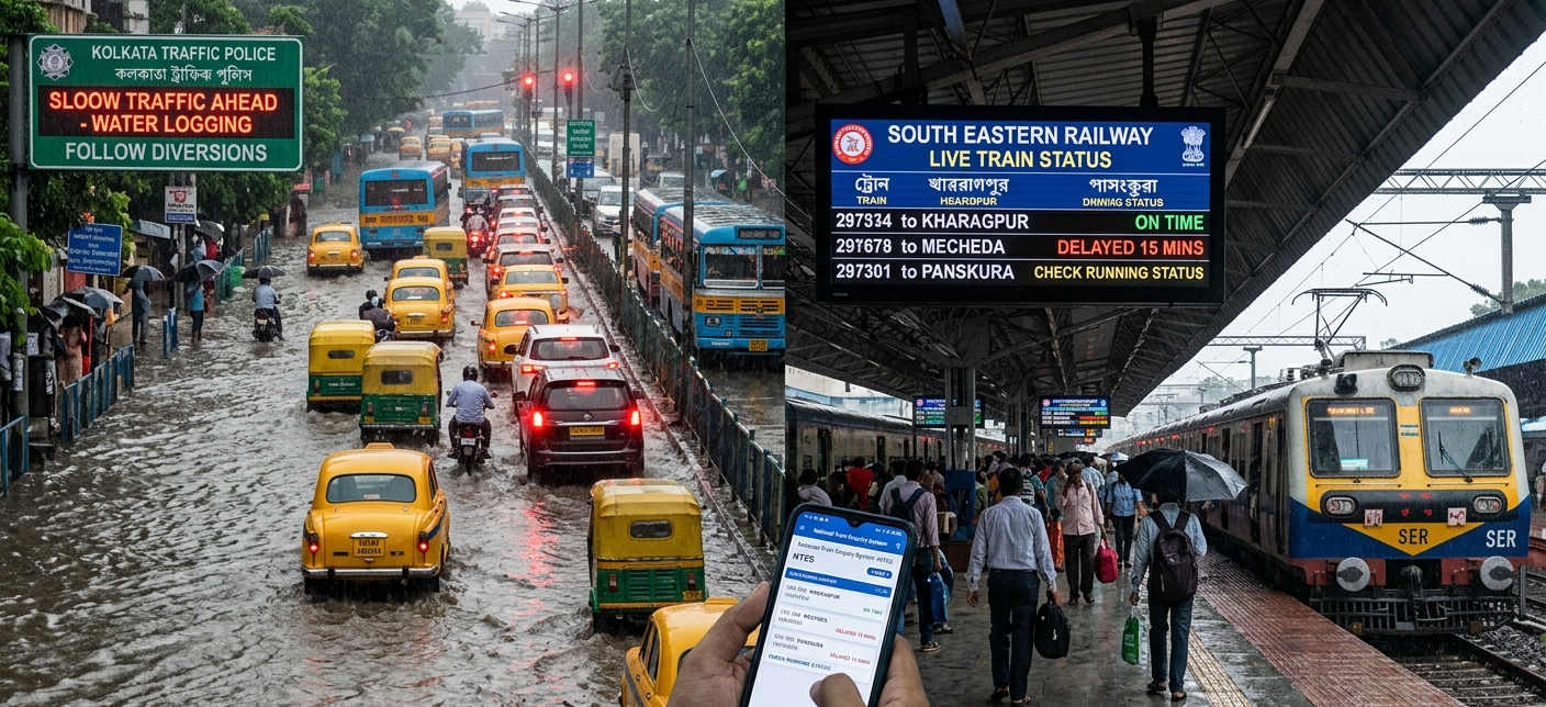 🚆🚦 ট্রাফিক ও রেল আপডেট টানা বৃষ্টিতে কলকাতার একাধিক রাস্তায় জলজট, যান চলাচলে ধীরগতি—খড়গপুর ও দক্ষিণ-পূর্ব রেলপথের যাত্রীদেরও বাড়তি সতর্কতা