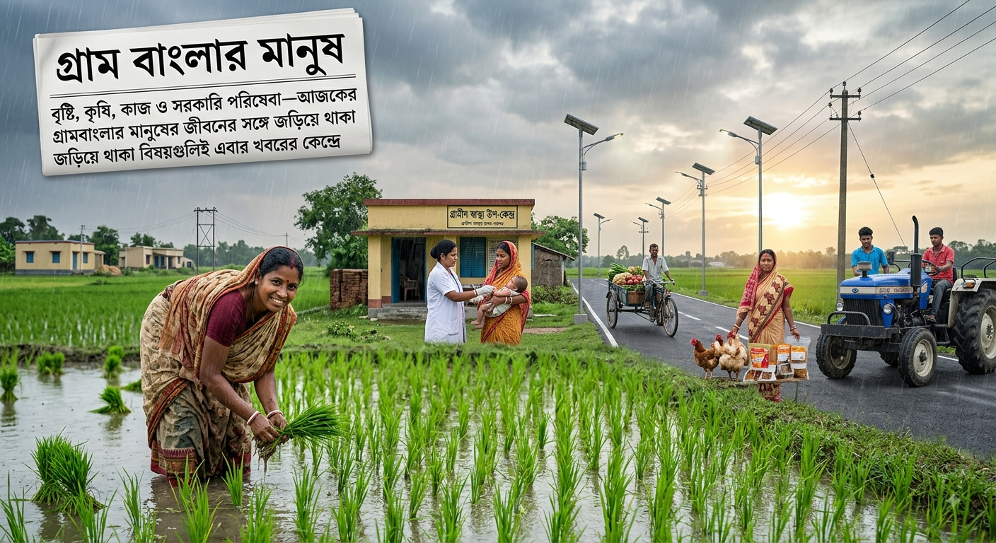 🌾   বৃষ্টি, কৃষি, কাজ ও সরকারি পরিষেবা—আজকের গ্রামবাংলার মানুষের জীবনের সঙ্গে জড়িয়ে থাকা বিষয়গুলিই এবার খবরের কেন্দ্রে