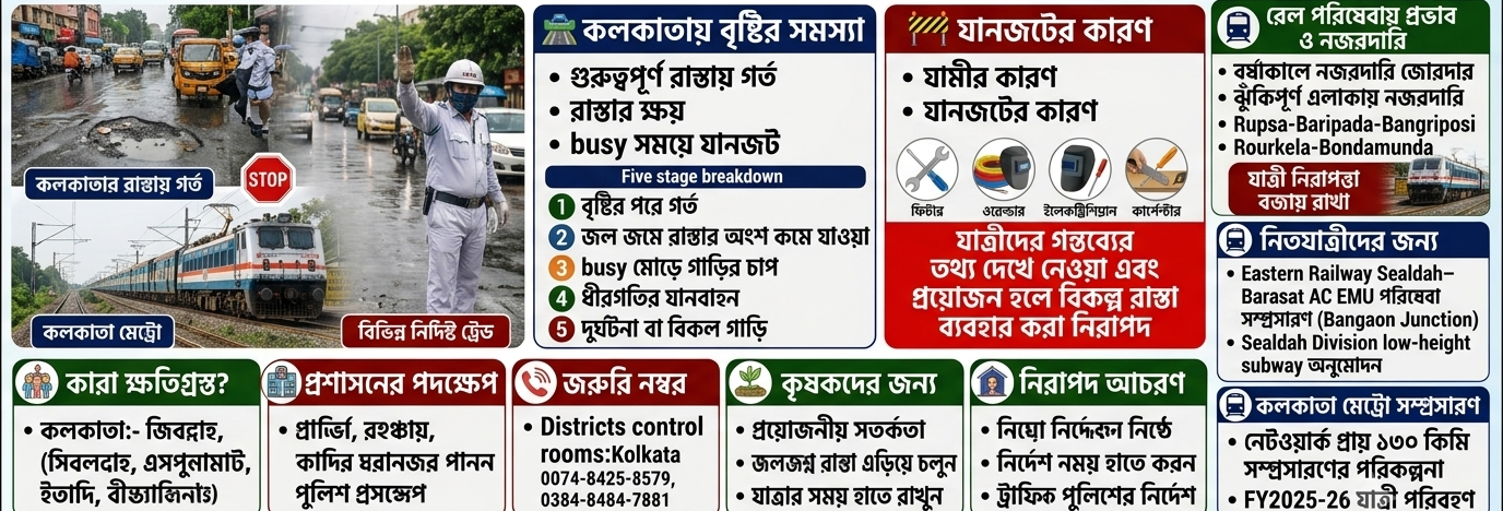 🚦 ট্রাফিক ও রেল আপডেট: বৃষ্টিতে কলকাতার রাস্তায় যানজটের আশঙ্কা, রেলপথে বাড়তি নজরদারি