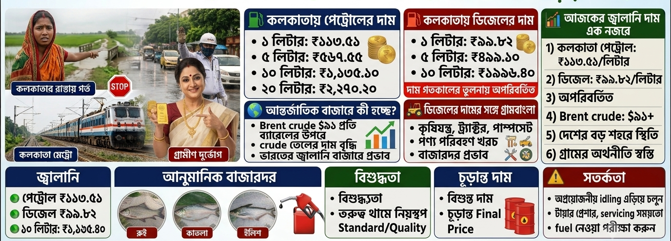 ⛽ পেট্রোল-ডিজেলের দাম: কলকাতায় আজও অপরিবর্তিত, আন্তর্জাতিক বাজারে অপরিশোধিত তেলের দামে চাপ