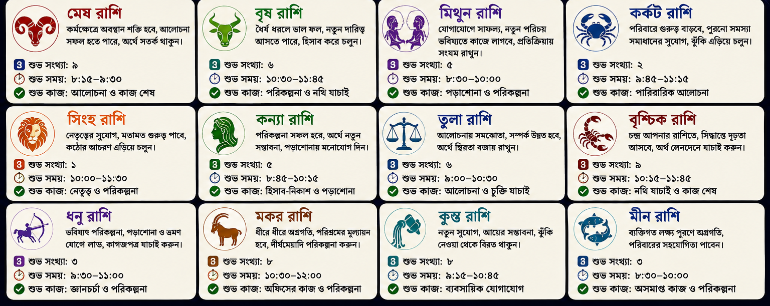 🔮 আজকের রাশিফল: ২০ আগস্ট ২০২৬, বৃহস্পতিবার ১২ রাশির সারাদিন কেমন যাবে, শুভ সংখ্যা, শুভ সময় ও শুভ কাজ