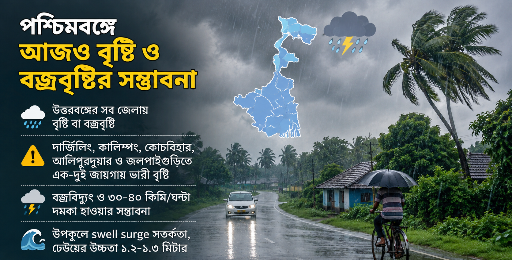 🌧️ আজকের পশ্চিমবঙ্গের জেলা-ভিত্তিক আবহাওয়া: উত্তরবঙ্গে ভারী বৃষ্টির সতর্কতা, দক্ষিণবঙ্গেও বজ্রবিদ্যুৎ-সহ বৃষ্টির সম্ভাবনা