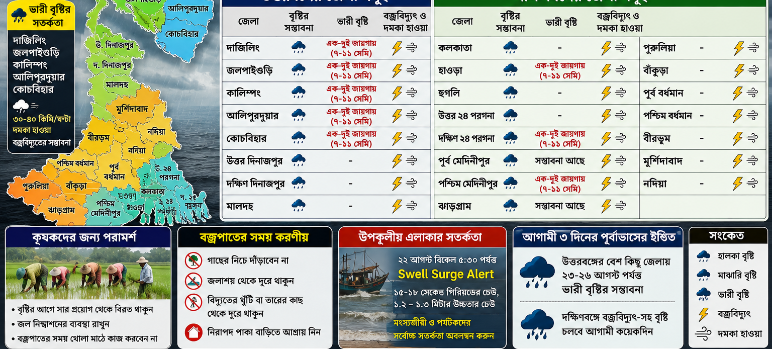 🌧️ আজকের পশ্চিমবঙ্গের জেলা-ভিত্তিক আবহাওয়া: উত্তরবঙ্গে ভারী বৃষ্টির সতর্কতা, দক্ষিণবঙ্গে বজ্রবিদ্যুৎ-সহ বৃষ্টি