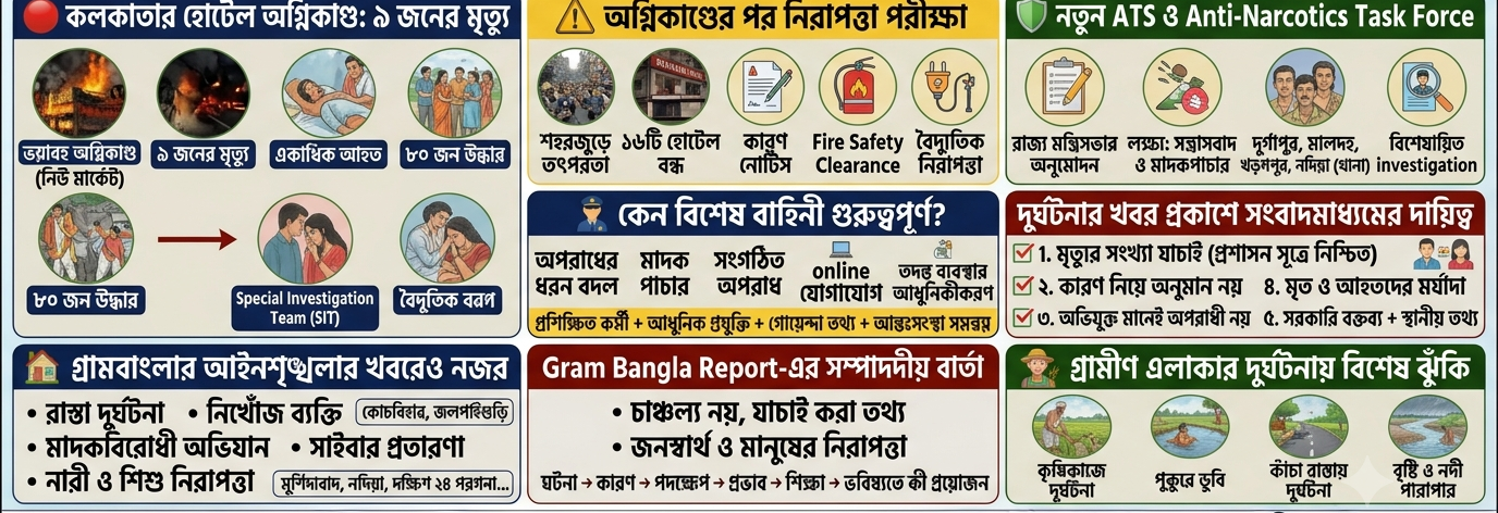 🚨 দুর্ঘটনা ও আইনশৃঙ্খলা: কলকাতার হোটেল অগ্নিকাণ্ডের পর নিরাপত্তা নিয়ে বড় প্রশ্ন, রাজ্যে নতুন ATS ও Anti-Narcotics Task Force