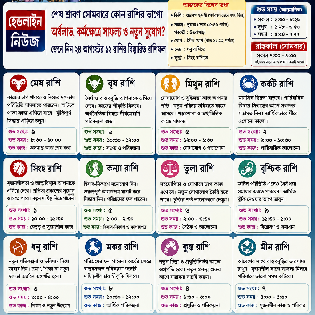 🌞  শেষ শ্রাবণ সোমবারে কোন রাশির ভাগ্যে অর্থলাভ, কর্মক্ষেত্রে সাফল্য ও নতুন সুযোগ? জেনে নিন ২৪ আগস্টের ১২ রাশির শুভ সংখ্যা, শুভ সময় ও শুভ কাজ
