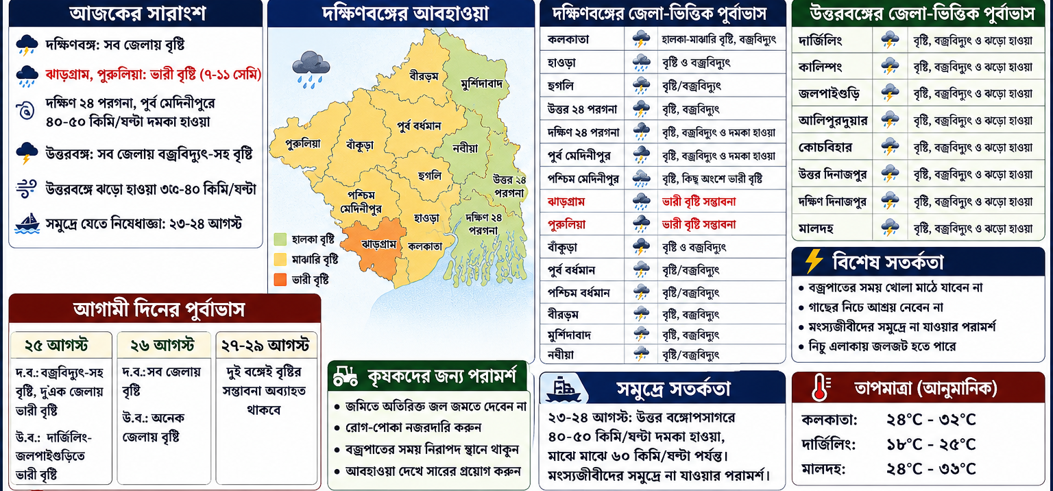 🌧️   বর্ষার দাপট অব্যাহত—আজ দক্ষিণবঙ্গের সর্বত্র বৃষ্টি, ঝাড়গ্রাম-পশ্চিম মেদিনীপুরে ভারী বৃষ্টির সম্ভাবনা; উত্তরবঙ্গেও বজ্রবিদ্যুৎ-সহ বৃষ্টির পূর্বাভাস