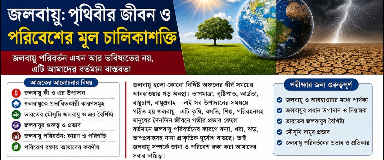 🌏 গ্রাম বাংলা শিক্ষা ক্লাস: ১২ বিষয়: ভূগোল অধ্যায়: ৩ টপিক: জলবায়ু 📰 হেডলাইন নিউজ “বদলাচ্ছে পৃথিবীর জলবায়ু, বাড়ছে তাপমাত্রা—পরিবেশ রক্ষায় সচেতনতার বার্তা”