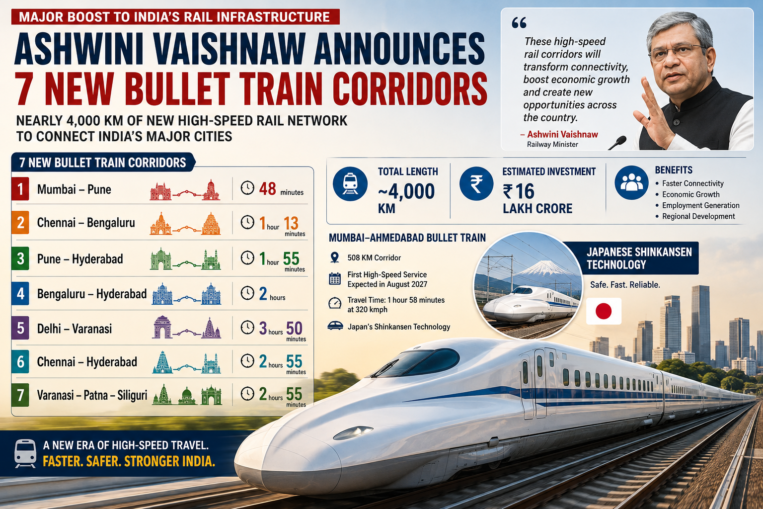 Ashwini Vaishnaw Announces Seven New Bullet Train Corridors; Travel Times to Fall Dramatically