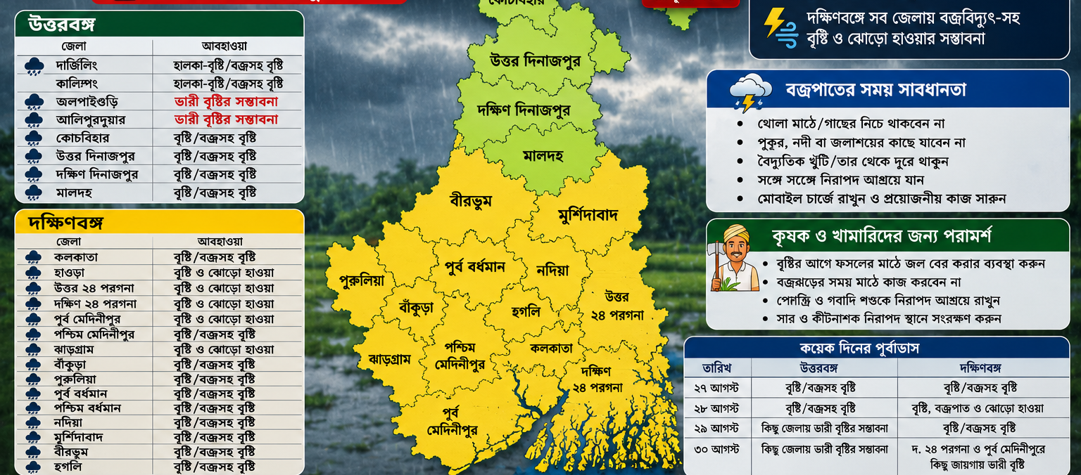 🌧️ আজকের পশ্চিমবঙ্গের জেলা-ভিত্তিক আবহাওয়া: উত্তরবঙ্গে ফের ভারী বৃষ্টির সতর্কতা, দক্ষিণবঙ্গেও বজ্রবিদ্যুৎ ও বৃষ্টির সম্ভাবনা