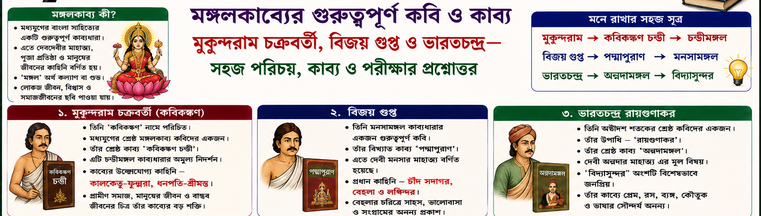📚 গ্রাম বাংলা শিক্ষা নবম শ্রেণী – বাংলা | পাঠ–৯ মঙ্গলকাব্যের তিন স্মরণীয় কবি: মুকুন্দরাম, বিজয় গুপ্ত ও ভারতচন্দ্র—কবি, কাব্য ও পরীক্ষার প্রস্তুতি এক ক্লাসে