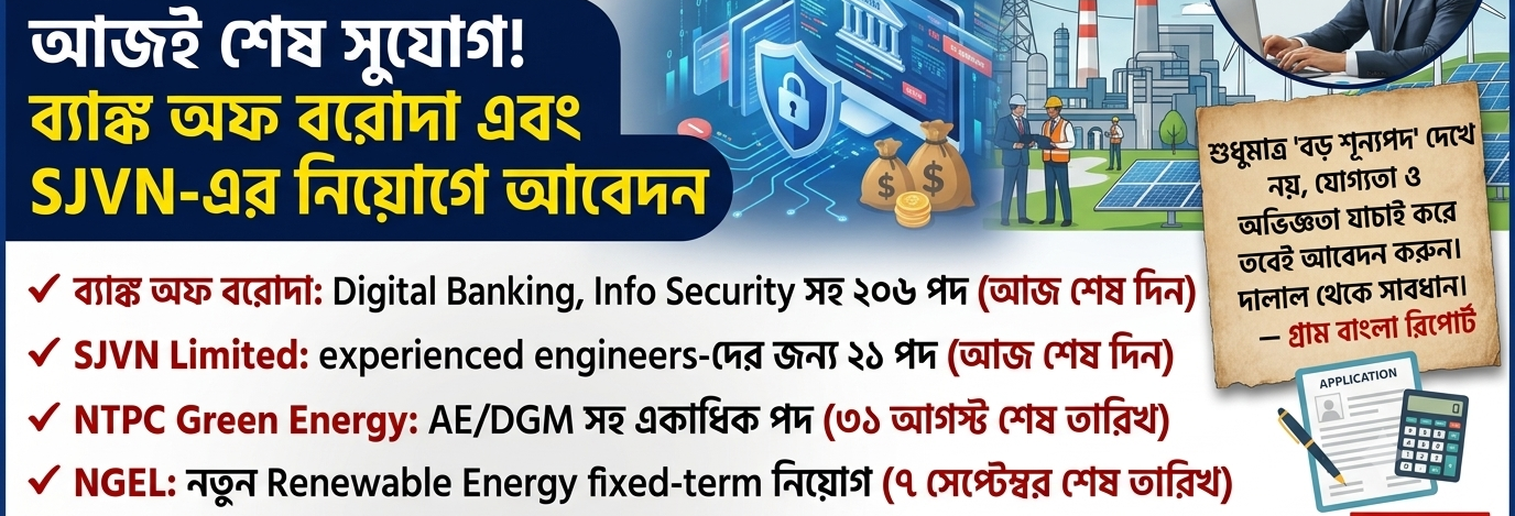 🏛️ সরকারি চাকরির নতুন বিজ্ঞপ্তি: আজই আবেদনের শেষ সুযোগ ২০৬ Specialist Officer পদে, SJVN-এ ২১টি ইঞ্জিনিয়ারিং পদ—আগামী দিনগুলিতেও একাধিক নিয়োগের সুযোগ