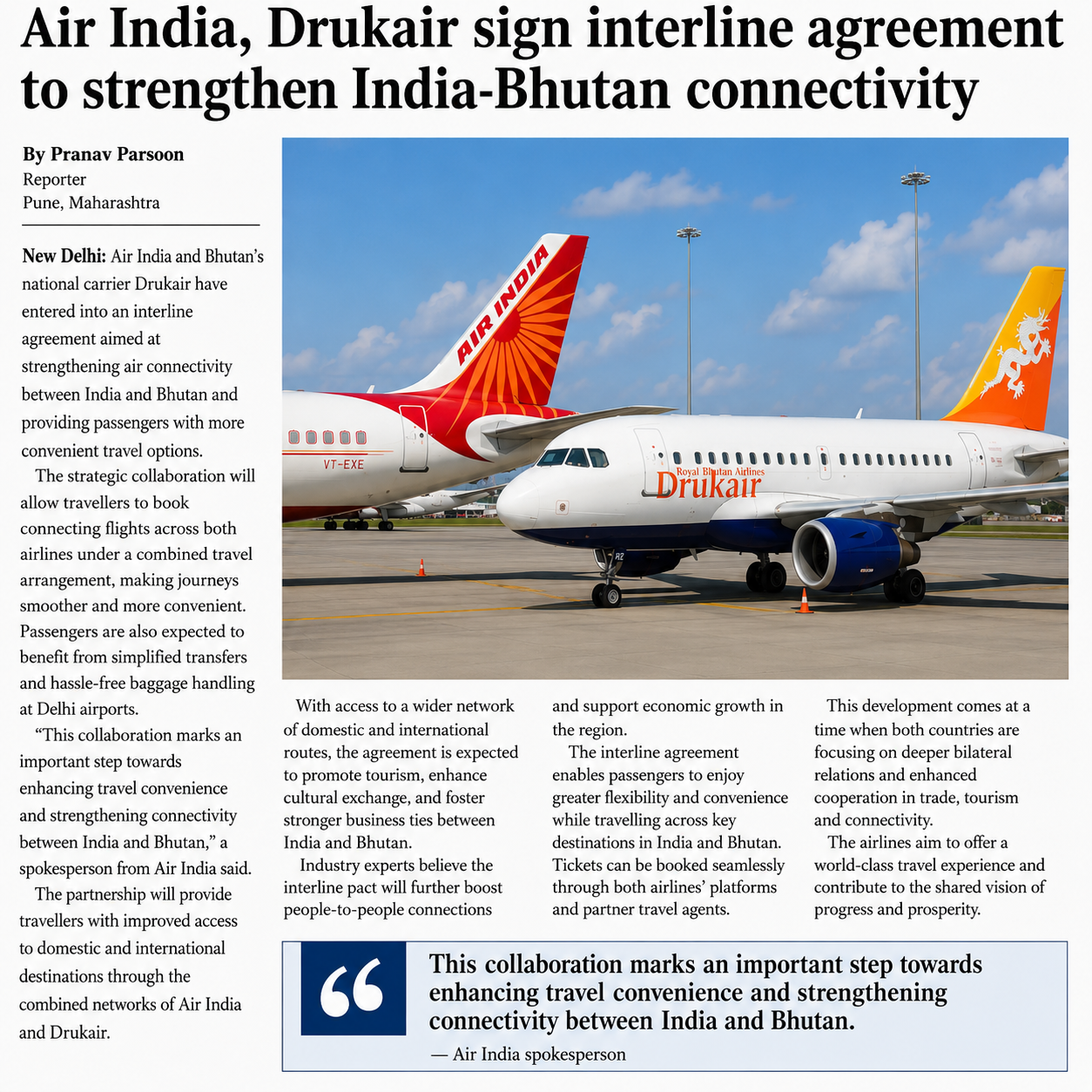 Air India, Drukair Sign Interline Agreement to Strengthen India-Bhutan Connectivity