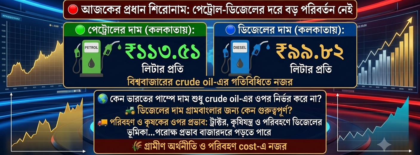 ⛽ পেট্রোল-ডিজেলের দাম: কলকাতায় আজও বড় পরিবর্তন নেই, জ্বালানির দরে নজর বিশ্ববাজারে