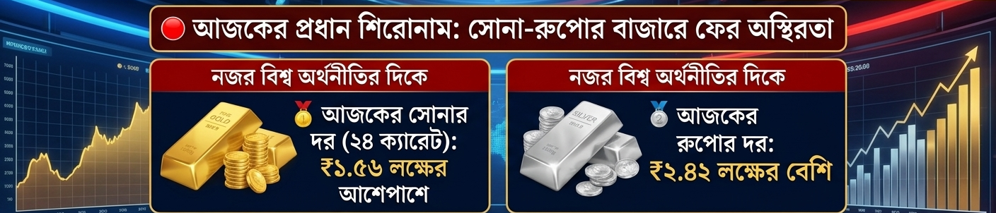 🪙 সোনা-রুপোর দামে বড় নড়াচড়া: ২৪ ক্যারেট সোনা ₹১.৫৬ লক্ষের আশেপাশে, রুপো ₹২.৪২–২.৫৫ লক্ষ প্রতি কেজি—কেনার আগে কী জানবেন?