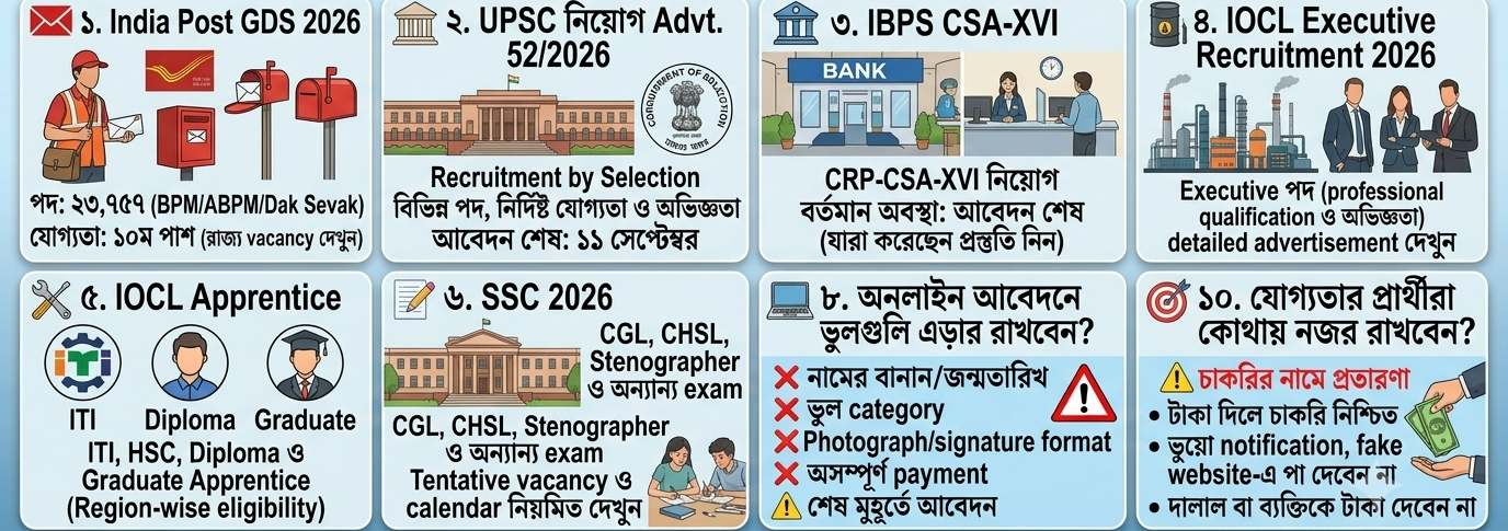 ডাক বিভাগে GDS নিয়োগ, UPSC-তে নতুন Recruitment Drive, IOCL-এ Executive ও Apprentice সুযোগ—চাকরিপ্রার্থীদের জন্য গুরুত্বপূর্ণ আপডেট