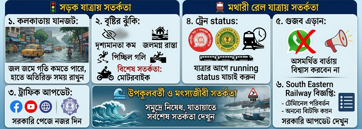 ভারী বৃষ্টিতে কলকাতা ও দক্ষিণবঙ্গে যাতায়াতে বাড়ছে সতর্কতা, রেলযাত্রীদের নজরে পরিষেবা ও ট্রেন চলাচল