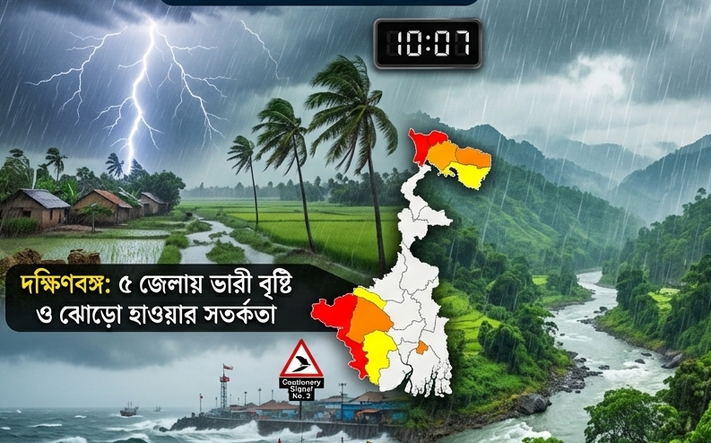 দক্ষিণবঙ্গে ভারী বৃষ্টির সতর্কতা, উত্তরেও বাড়বে বৃষ্টি—একাধিক জেলায় বজ্রবিদ্যুৎ ও দমকা হাওয়ার আশঙ্কা