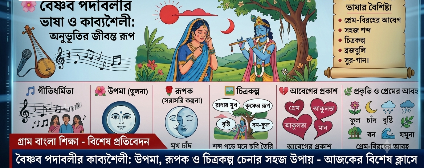 গ্রাম বাংলা শিক্ষা নবম শ্রেণী – বাংলা | পাঠ–১২ কেন বৈষ্ণব পদাবলী এত হৃদয়গ্রাহী?—সহজ ভাষা, প্রেম-বিরহের আবেগ, উপমা-রূপক ও গীতিধর্মিতার কাব্যরহস্য আজ শিখব