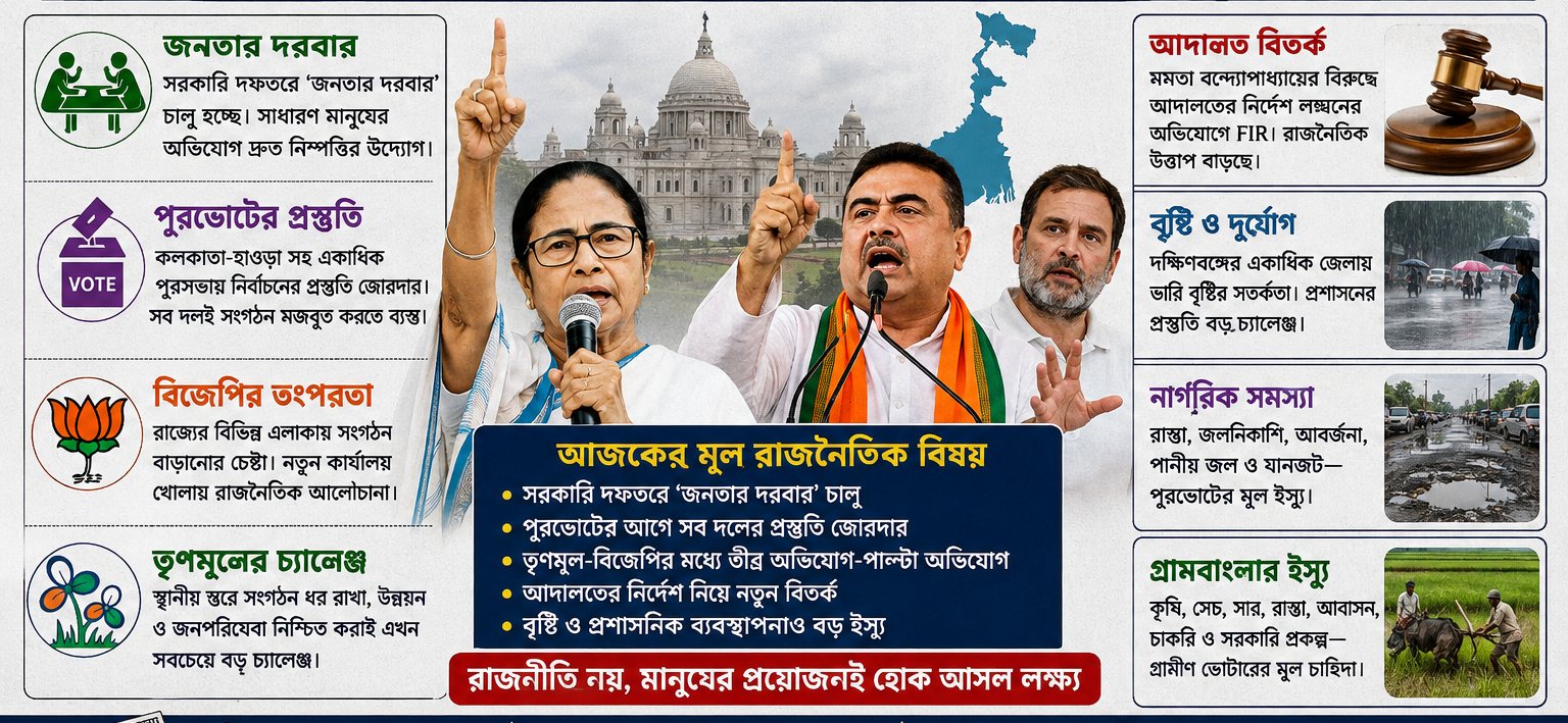 পশ্চিমবঙ্গের রাজনীতিতে ফের উত্তাপ: জনতার দরবার থেকে পুরভোটের প্রস্তুতি, তৃণমূল-বিজেপি সংঘাতে নতুন মাত্রা