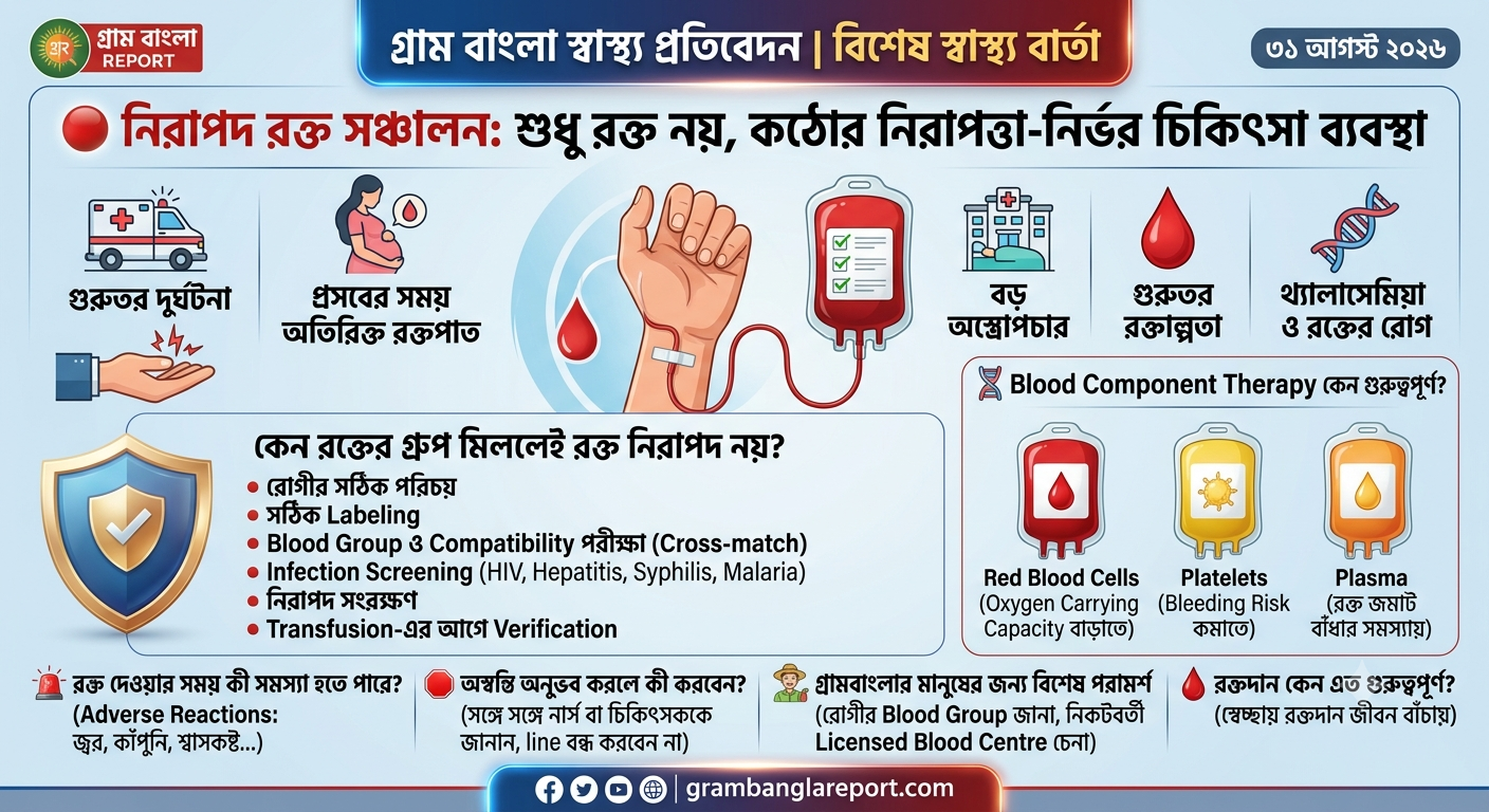 🩸 রক্ত কমে গেলে শুধু রক্ত দিলেই হবে? কখন Blood Transfusion দরকার, কীভাবে নিরাপদ রক্ত পাবেন এবং রক্ত দেওয়ার সময় কী কী সতর্কতা জরুরি?