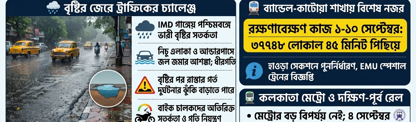 🚦 আজকের কলকাতা ও পশ্চিমবঙ্গ ট্রাফিক আপডেট: বৃষ্টির জেরে বাড়ছে সতর্কতা, রেলে নির্দিষ্ট রুটে সময়সূচি বদল