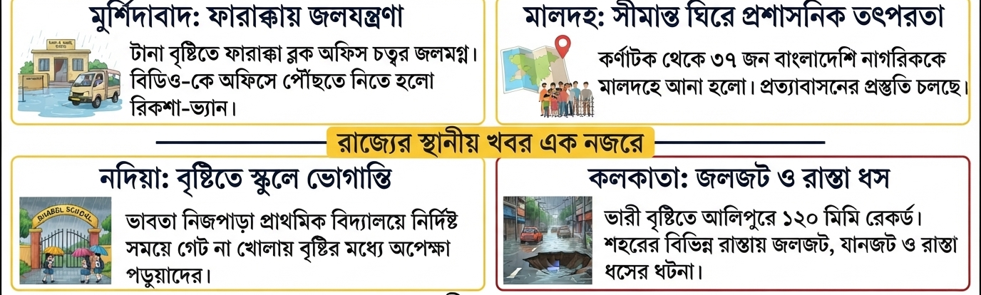 মুর্শিদাবাদে জলযন্ত্রণা, মালদহে সীমান্ত ঘিরে তৎপরতা, নদিয়ায় স্কুলে বৃষ্টির দুর্ভোগ, কলকাতায় জলজট—আজকের হাইপারলোকাল আপডেট