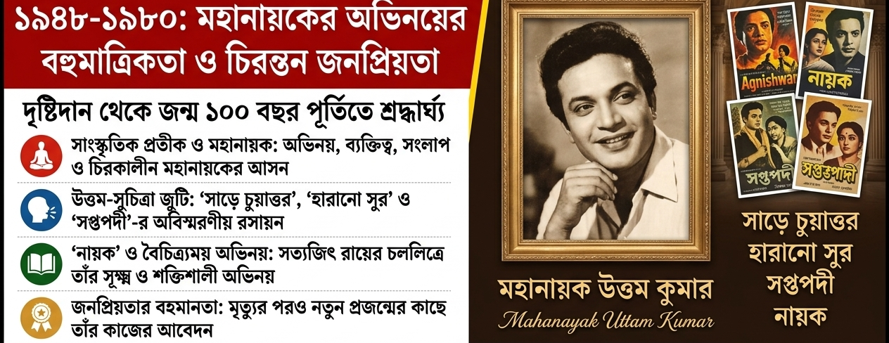 বাংলা সিনেমার কিংবদন্তি মহানায়ক উত্তম কুমারের জন্মশতবর্ষে শ্রদ্ধা: ১০০ বছর পরেও বাঙালির আবেগে একইভাবে জীবন্ত ‘উত্তম’