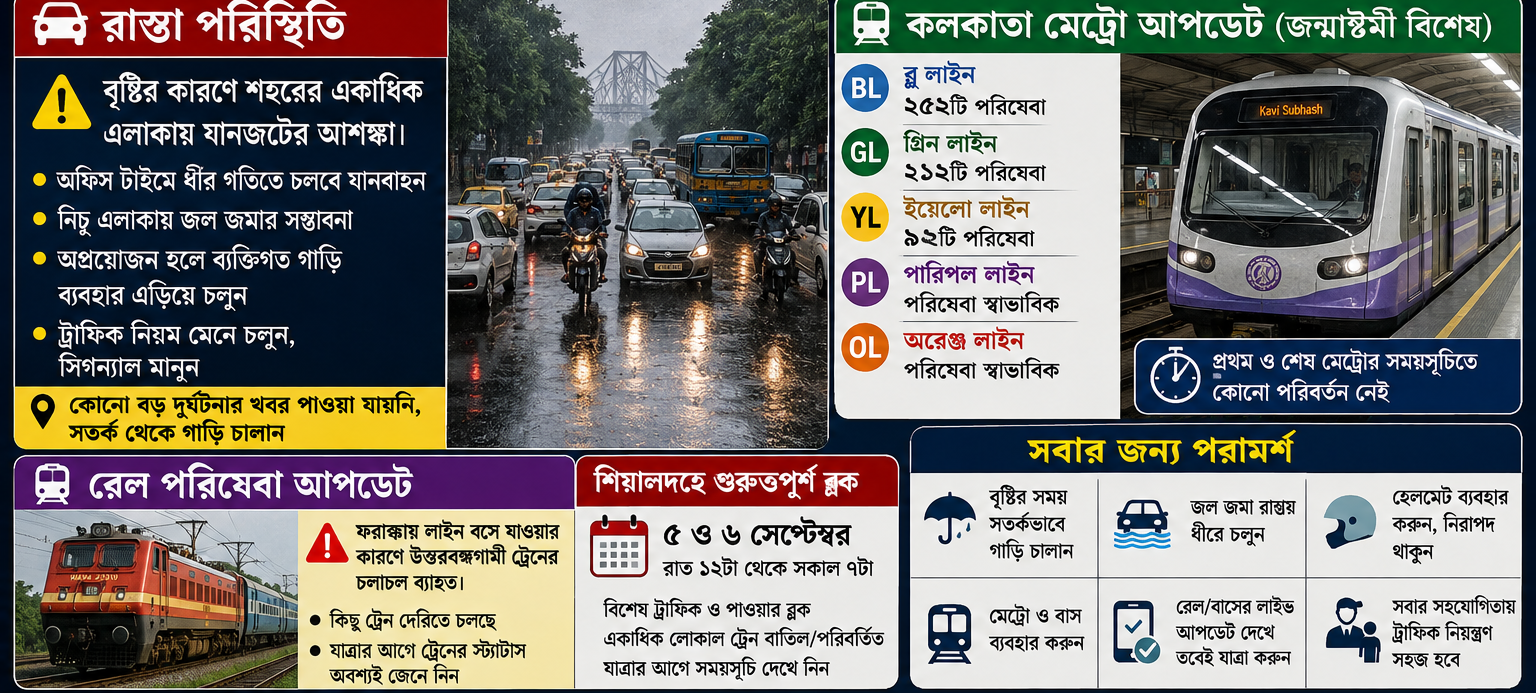 জন্মাষ্টমীর দিনে কলকাতায় রাস্তায় বেরোলে সাবধান! বৃষ্টি ও জল জমায় গতি কমতে পারে, মেট্রোয় আজ বিশেষ পরিষেবা—উত্তরবঙ্গগামী ট্রেন চলাচলেও বড় আপডেট