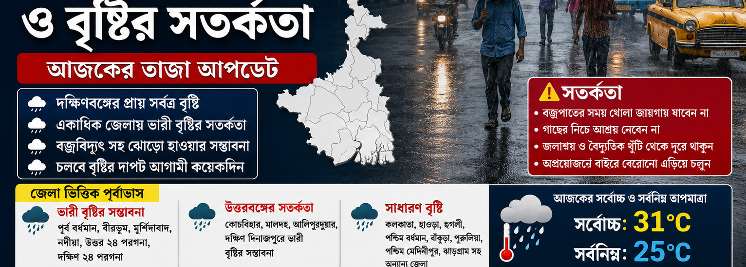 জন্মাষ্টমীর দিনেও স্বস্তি নেই বৃষ্টিতে! দক্ষিণবঙ্গের প্রায় সর্বত্র বৃষ্টি, উত্তরবঙ্গেও ভারী বর্ষণের সম্ভাবনা—বজ্রপাত ও ৩০–৪০ কিমি বেগে ঝোড়ো হাওয়ার সতর্কতা