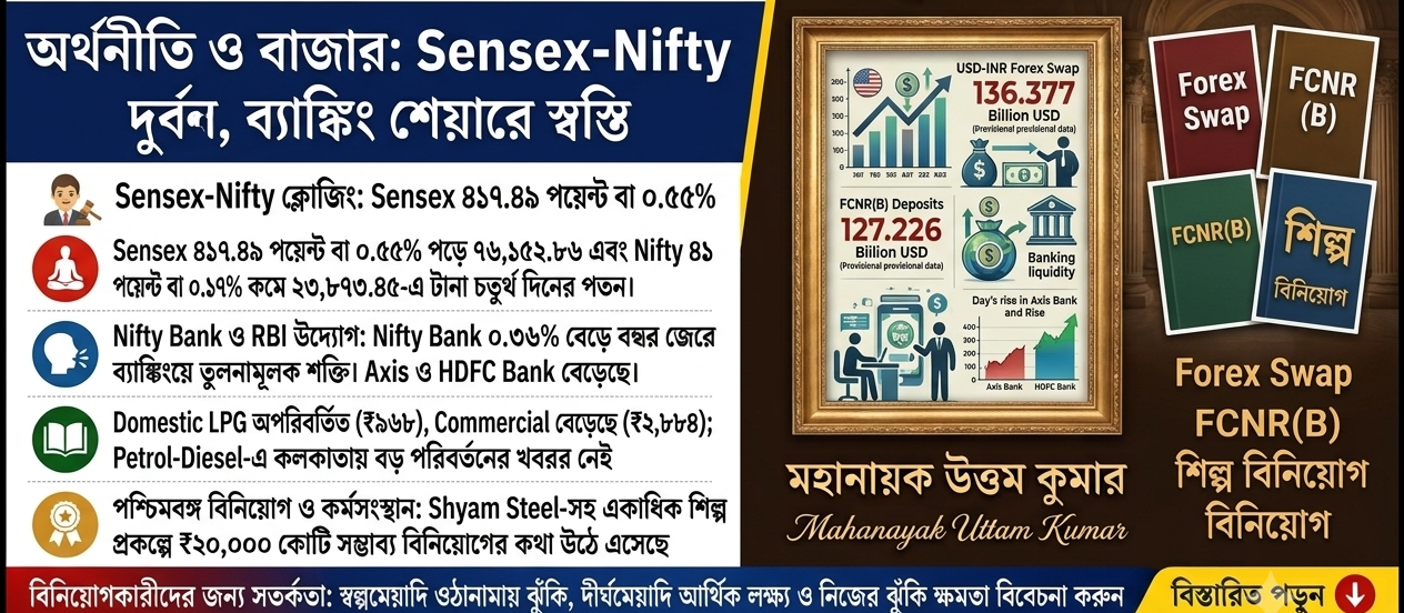 চতুর্থ দিনেও পড়ল শেয়ার বাজার! Sensex ৪১৭ পয়েন্ট নীচে, Nifty ২৩,৯০০-এর নিচে; ব্যাঙ্কিং সূচকে উল্টো স্বস্তি — কলকাতায় LPG ও জ্বালানির দরে কী অবস্থা?