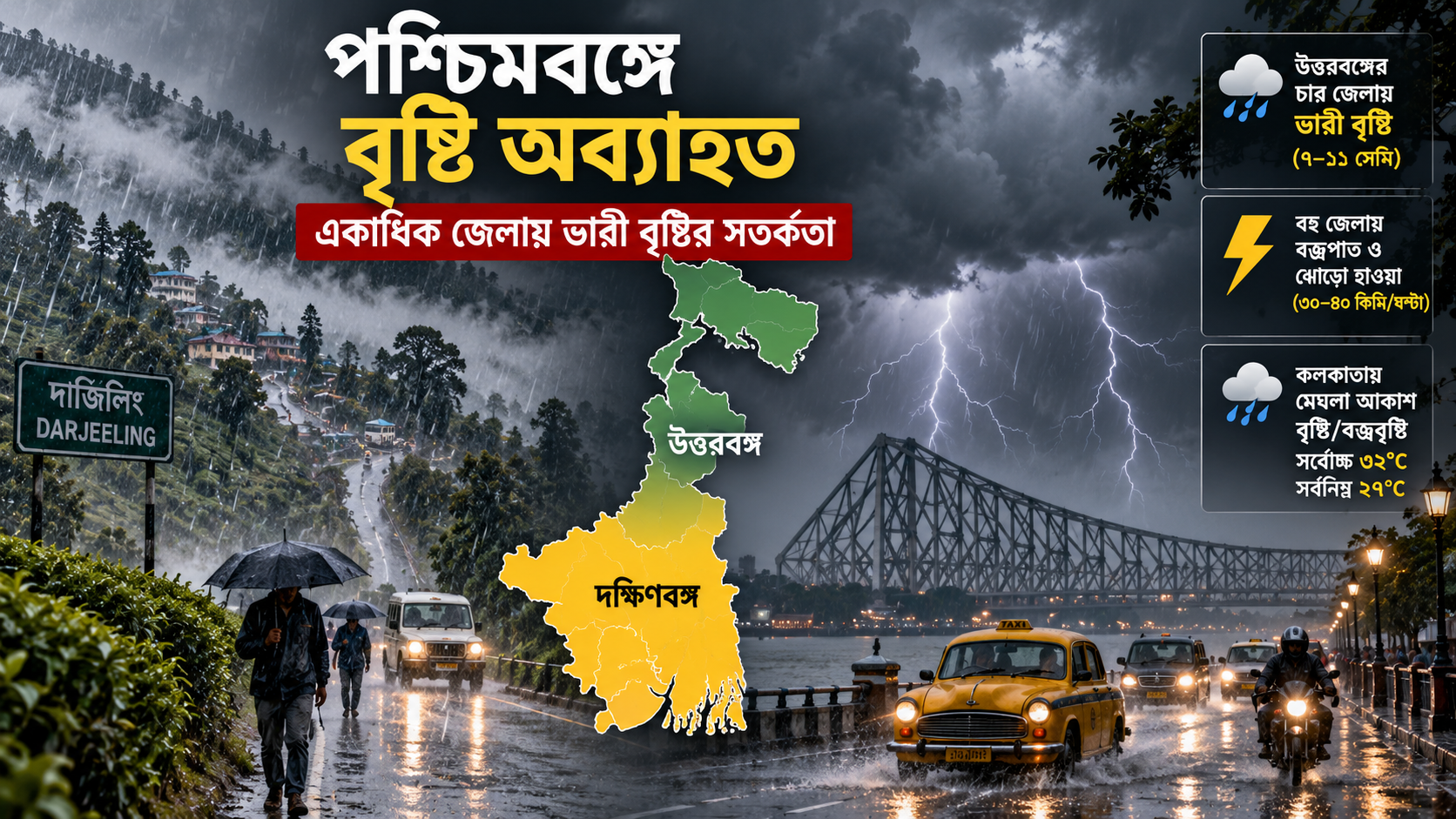 🌧️  ফের বৃষ্টির দাপট! উত্তরবঙ্গে ভারী বৃষ্টির সতর্কতা, দক্ষিণবঙ্গেও বজ্রবিদ্যুৎ ও ঝোড়ো হাওয়ার আশঙ্কা