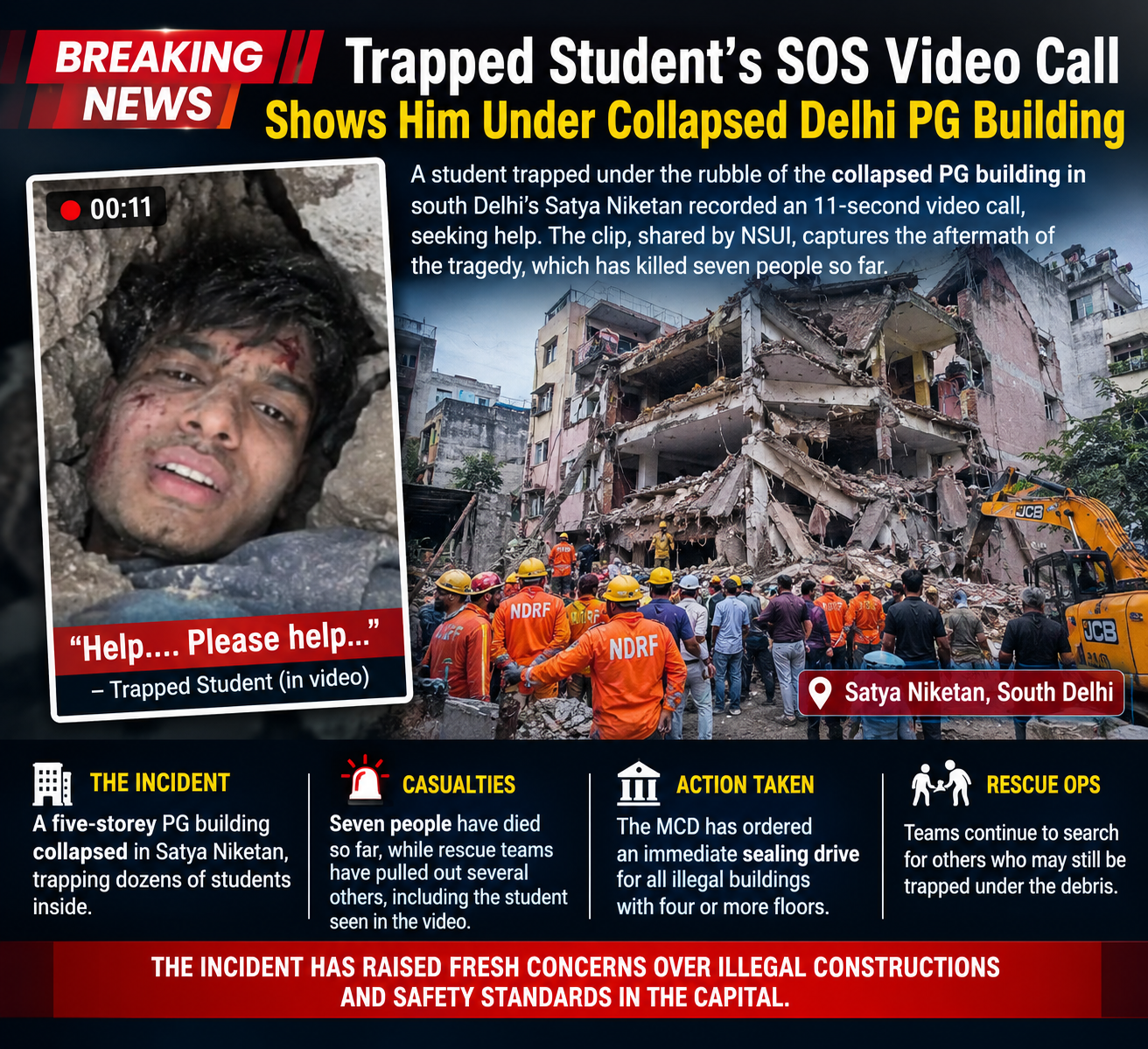 Trapped Student’s SOS Video Captures Horror Under Collapsed Delhi PG