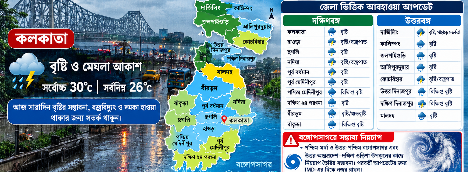 আজকের পশ্চিমবঙ্গের আবহাওয়া: বৃষ্টি ও বজ্রবিদ্যুতের সতর্কতা, কোন জেলায় কেমন পরিস্থিতি?