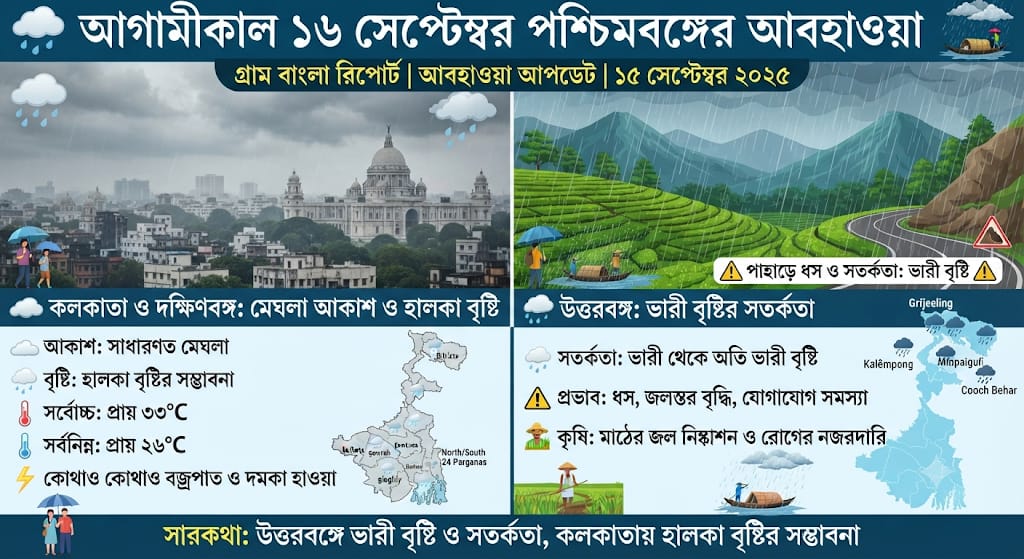 🌧️ আগামীকাল ১৬ সেপ্টেম্বর পশ্চিমবঙ্গের আবহাওয়া: উত্তরবঙ্গে ভারী বৃষ্টির সতর্কতা, কলকাতায় হালকা বৃষ্টির সম্ভাবনা