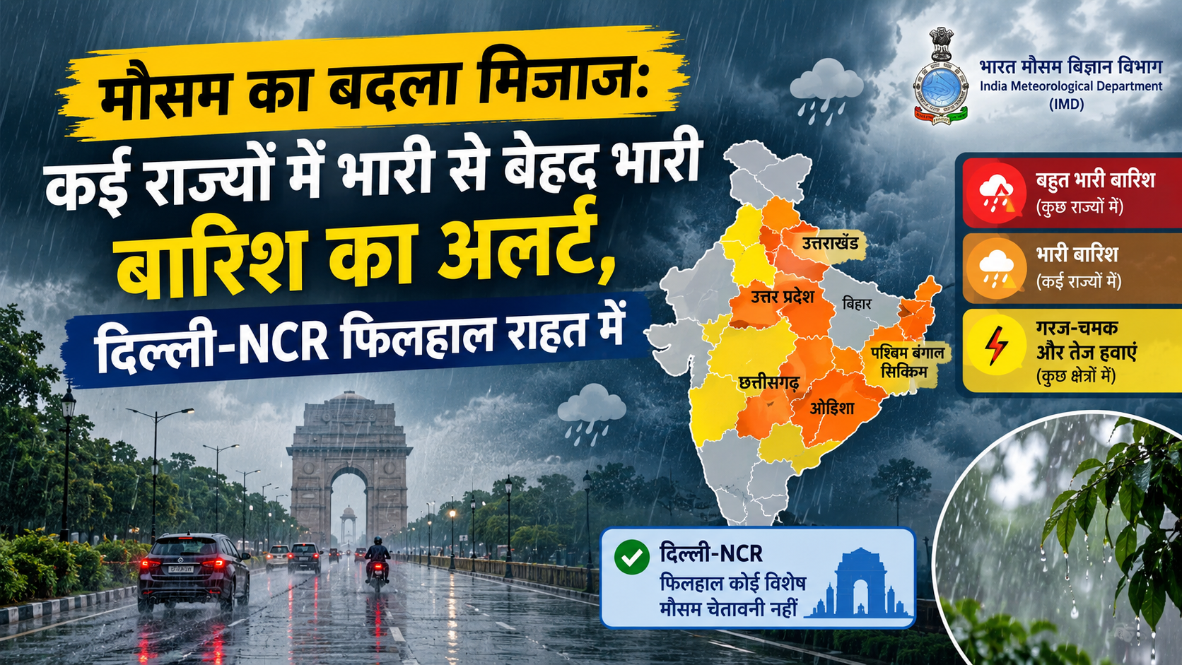 मौसम का बदला मिजाज: कई राज्यों में भारी से बेहद भारी बारिश का अलर्ट, दिल्ली-NCR फिलहाल राहत में
