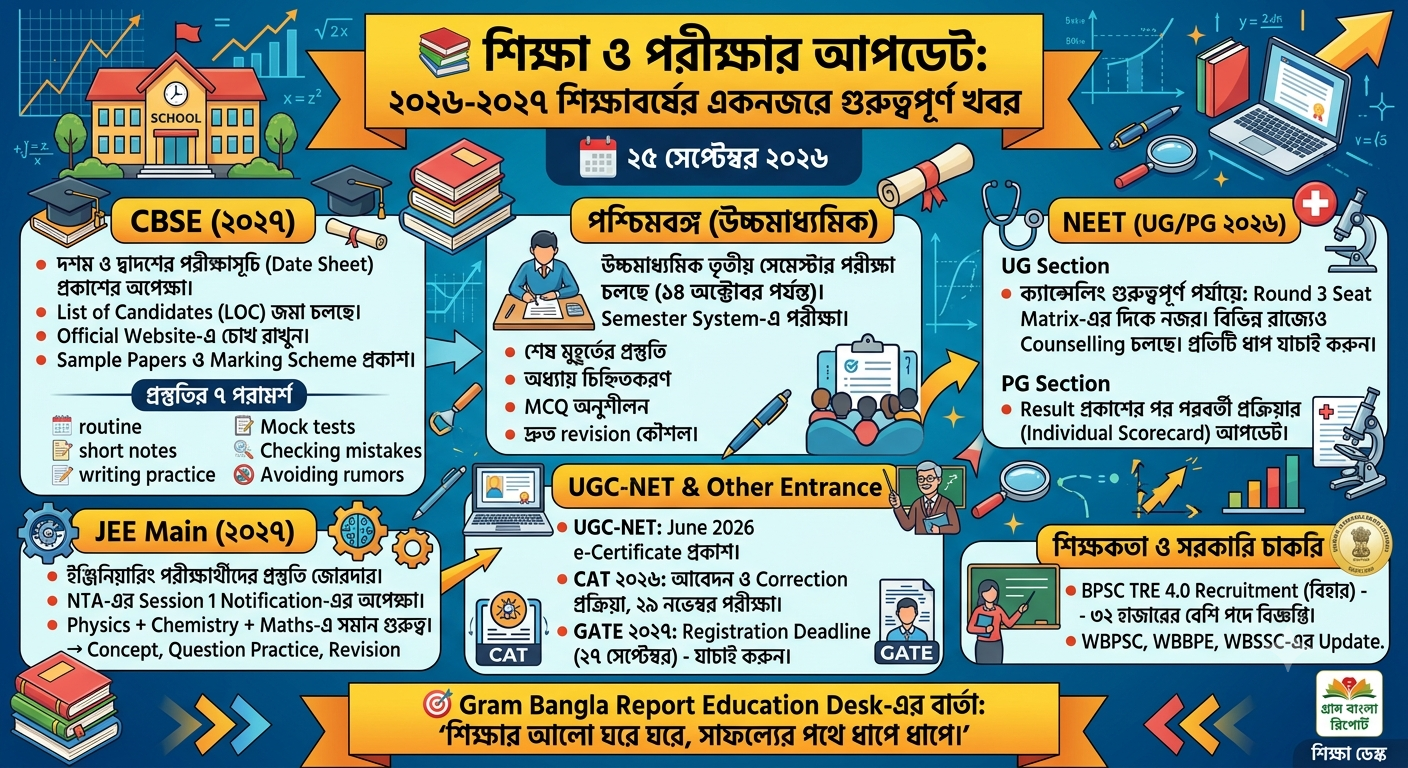 📚 শিক্ষা ও পরীক্ষার আপডেট CBSE ২০২৭-এর পরীক্ষাসূচি প্রকাশের অপেক্ষা, উচ্চশিক্ষা ও প্রতিযোগিতামূলক পরীক্ষায় একাধিক গুরুত্বপূর্ণ আপডেট
