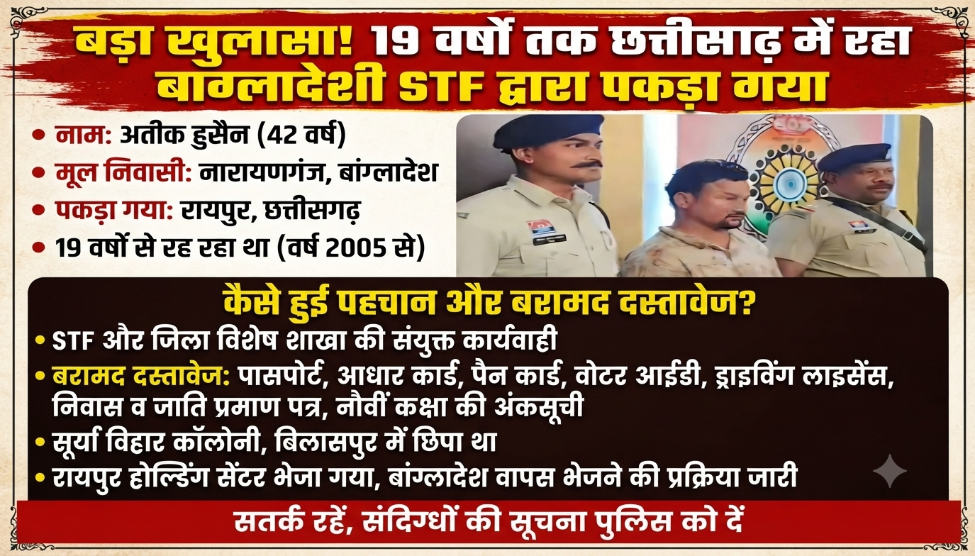 बांग्लादेशी नागरिक पकड़ाया बिलासपुर छत्तीसगढ़ मे फर्जी दस्तावेज बनवाकर 19 वर्षों से रह रहा था