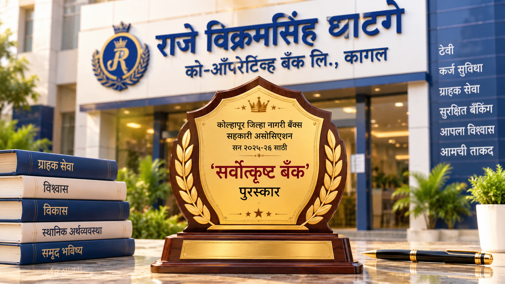राजे विक्रमसिंह घाटगे को-ऑप. बँकेला ‘सर्वोत्कृष्ट बँक’ पुरस्कार  कोल्हापूर जिल्हा नागरी बँक्स सहकारी असोसिएशनकडून सन २०२५-२६ साठी गौरव; ५०१ ते १००० कोटी ठेवींच्या गटातून निवड