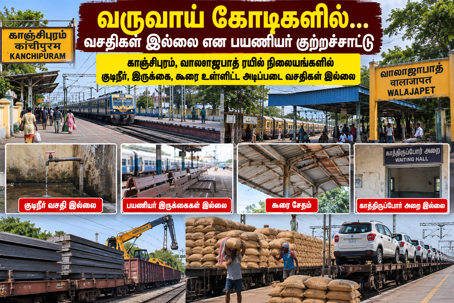 காஞ்சிபுரம் ரயில் நிலையத்தில் ஏற்றுமதி முனையமாக பல கோடி ரூபாய் வருவாய் கிடைத்தும் எவ்வித அடிப்படை வசதிகள் இல்லை என்று பயணிகள் குற்றஞ்சாட்டு!