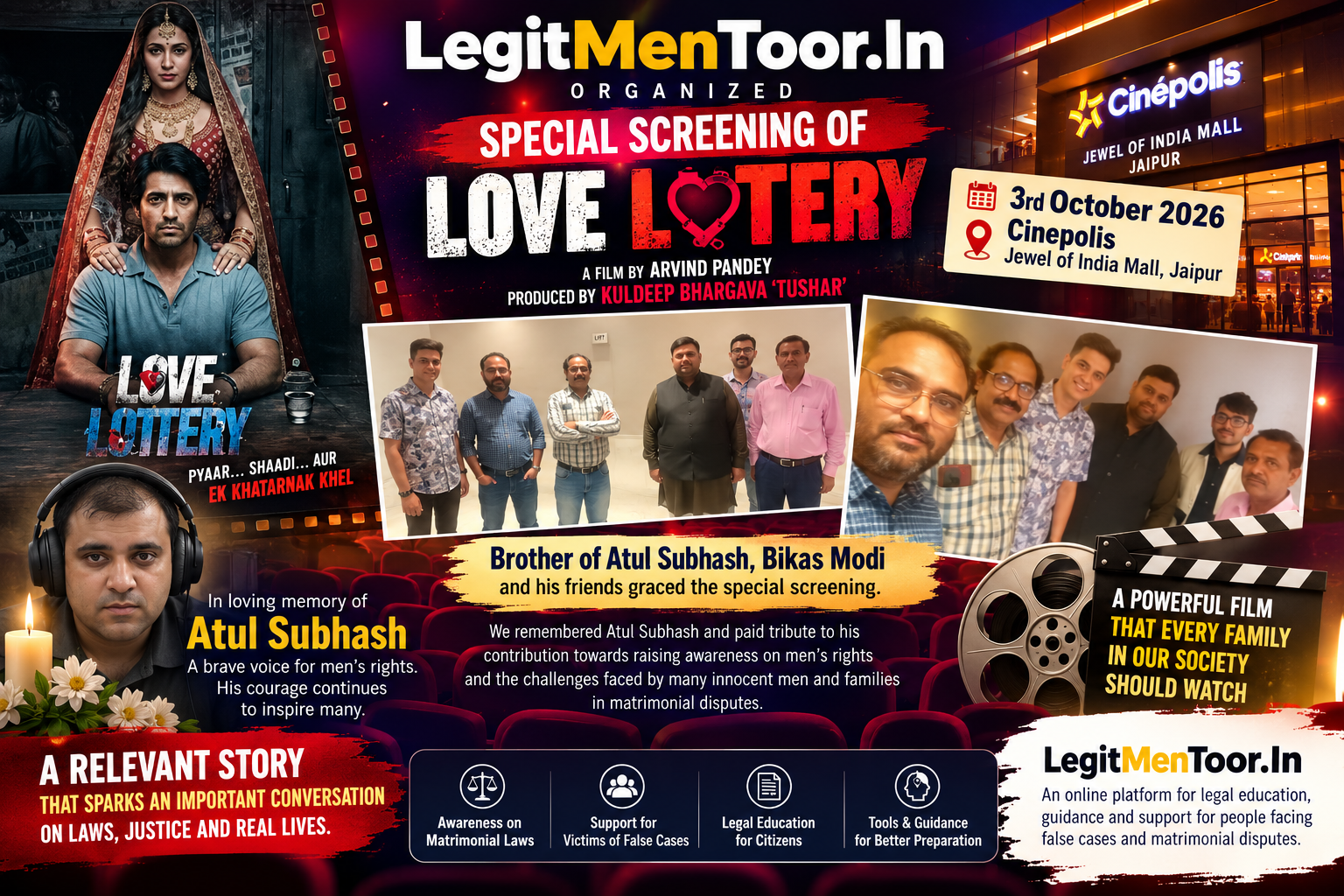 Love Lottery Special Screening in Jaipur: LegitMentoor Pays Tribute to Atul Subhash, Calls for Empathy and Legal Awareness