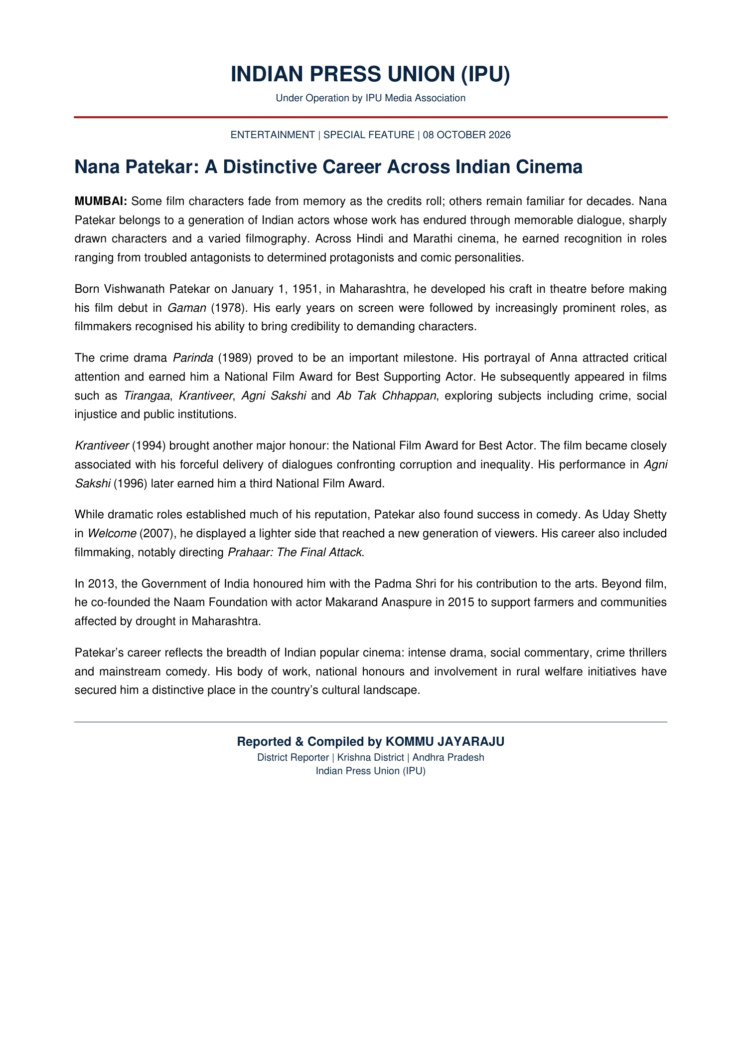 Nana Patekar: A Legendary Actor Who Left an Indelible Mark on Indian Cinema